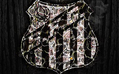 Santos FC, scorched logo, Brazilian Seria A, black wooden background, brazilian football club, Santos Futebol Clube, grunge, football, soccer, Santos logo, fire texture, Brazil