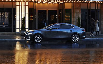 4k, Mazda3 Sedan, regn, 2019 bilar, gr&#229; mazda3, street, 2019 Mazda3 Sedan, japanska bilar, Mazda