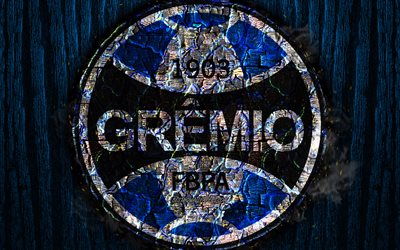 Gremio FC, scorched logo, Brazilian Seria A, blue wooden background, brazilian football club, Gremio FBPA, grunge, football, soccer, Gremio logo, fire texture, Brazil