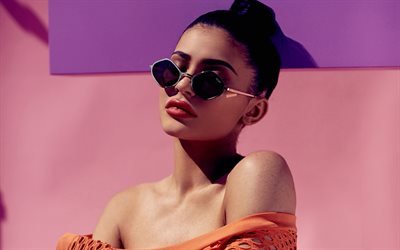 Kylie Jenner, 4k, American model, brunette, portrait, orange dress, Purple Honey Sunglasses