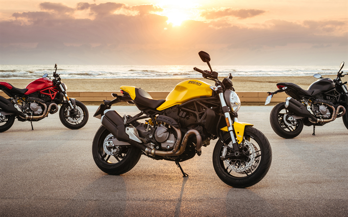 Ducati Monster 821, 2018, 4k, uudet moottoripy&#246;r&#228;t, punainen, keltainen, musta, Italian moottoripy&#246;r&#228;t, Ducati