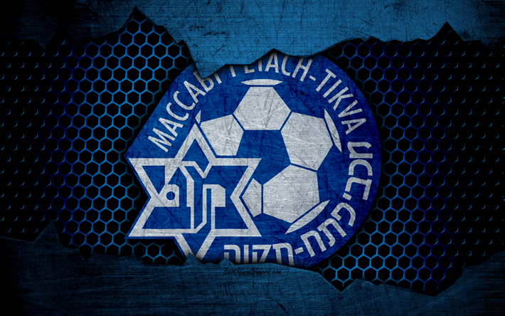 Maccabi Petah Tikva, 4k, logotipo, Ligat haAl, f&#250;tbol, club de f&#250;tbol, Israel, grunge, metal, textura, Maccabi Petah Tikva FC