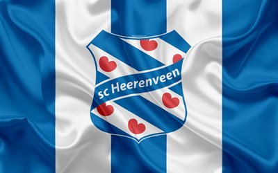 SC Heerenveen, 4K, Dutch football club, logo, emblem, Eredivisie, Dutch soccer championship, Groningen, Netherlands, silk texture, Heerenveen FC