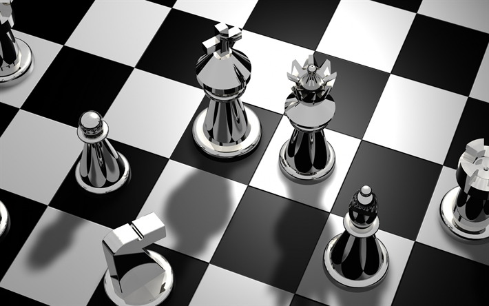 tablero de ajedrez, de metales 3d de ajedrez, piezas de ajedrez en blanco y negro