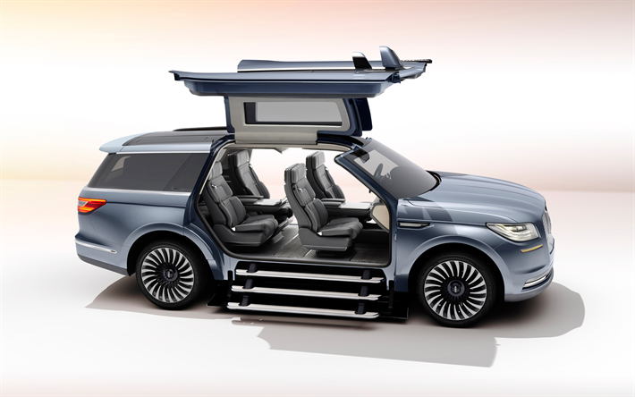Lincoln Navigator, 2018, 4k, a new luxury SUV, light blue Navigator, American cars, door wings of seagulls, Lincoln
