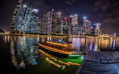 Singapour, gratte-ciel, la baie, la nuit, en Asie, en bateau, la Rivi&#232;re de Singapour