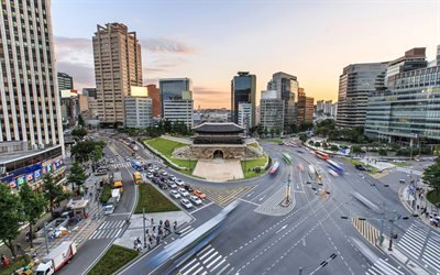 Seoul, citt&#224;, strade, tramonto, Corea del Sud, Asia