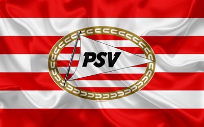 PSV Eindhoven, 4K, Dutch football club, PSV logo, emblem, Eredivisie, Dutch soccer championship, Eindhoven, Netherlands, silk texture, PSV FC