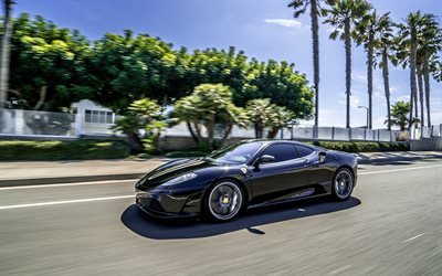 4k, Ferrari F430, de carretera, de optimizaci&#243;n, de supercars, negro F430, italiano coches, Ferrari