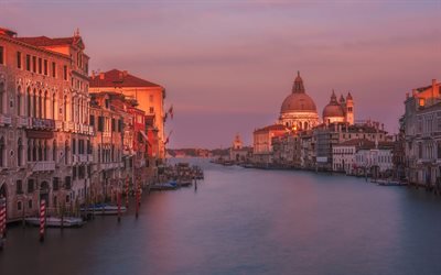 Venedig, Santa Maria della Salute, katedralen, kv&#228;ll, sunset, b&#229;t, Italien