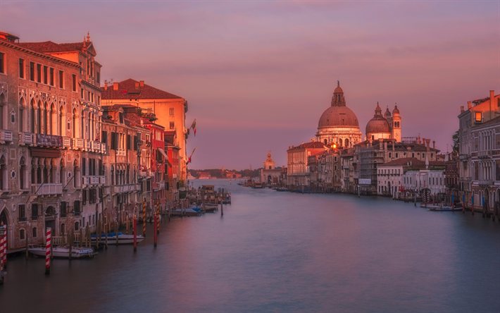 Venice, Santa Maria della Salute, cathedral, evening, sunset, boat, Italy