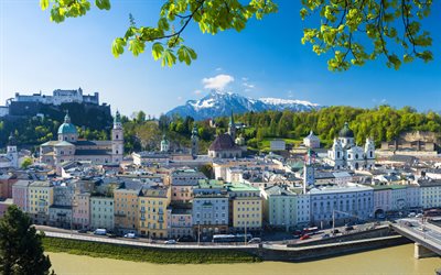 Salzburg, Austria, landmark, cityscape, Festungsberg Mountain, Collegiate Church, Franciscan Church, Salzach River