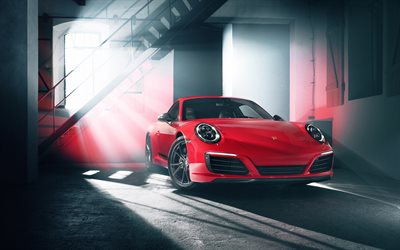 Porsche 911 Carrera T, autotalli, 2018 autoja, superautot, punainen Carrera, saksan autoja, Porsche