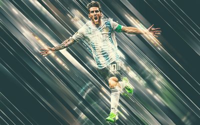 Lionel Messi, 4k, arte criativa, l&#226;minas de estilo, Jogador de futebol argentino, Argentina equipa nacional de futebol, Aregntina, azul criativo fundo, futebol, estrela mundial, Leo Messi
