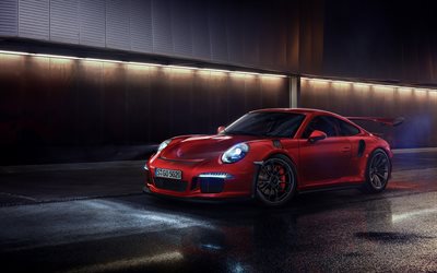 Porsche 911 GT3, noite, 2018 carros, far&#243;is, supercarros, carros alem&#227;es, Porsche