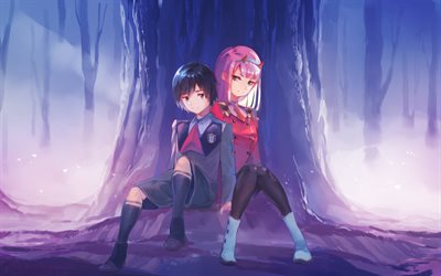 Hiro, Zero Two, forest, manga, protagonists, Darling in the FranXX