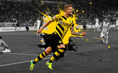 Marco Reus, 4k, arte, O Borussia Dortmund, meio-campista, Jogador de futebol alem&#227;o, amarelo preto, respingos de tinta, grunge arte, Bundesliga, Alemanha, futebol