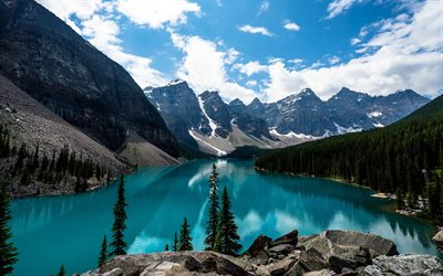 Moraine Lake, summer, Banff, blue lake, North America, mountains, forest, Banff National Park, Canada, Alberta