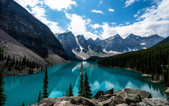 O Lago Moraine, ver&#227;o, Banff, lago azul, Am&#233;rica Do Norte, montanhas, floresta, O Parque Nacional De Banff, Canada, Alberta