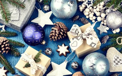 Natale, capodanno, regali, decorazioni di Natale, blu, sfondo Natale, 2019, coni, albero, i cookie
