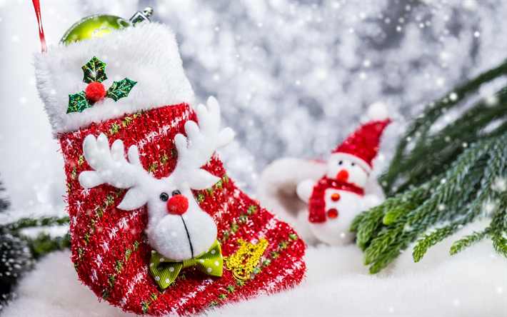 Natale, rosso calza per i regali, cervi, neve, invernali, capodanno