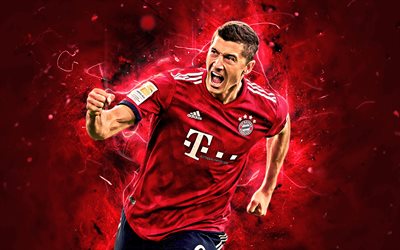 Robert Lewandowski, joy, forward, Bayern Munich FC, polish footballers, soccer, Lewandowski, Bundesliga, Germany, neon lights