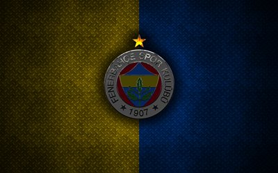 O fenerbah&#231;e SK, 4k, logotipo do metal, arte criativa, Turco futebol clube, emblema, amarelo, azul met&#225;lica de fundo, Istambul, A turquia, futebol, Fenerbahce