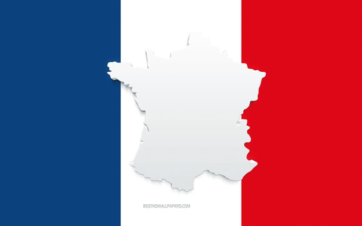 Silhouette de carte de France, drapeau de la France, silhouette sur le drapeau, France, silhouette de carte de France 3d, drapeau de France, carte de France 3d