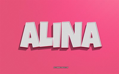 Alina, rosa linjer bakgrund, tapeter med namn, Alina namn, kvinnliga namn, Alina gratulationskort, linjekonst, bild med Alina namn