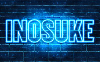 Feliz Anivers&#225;rio Inosuke, 4k, luzes de n&#233;on azuis, nome Inosuke, criativo, Inosuke Feliz Anivers&#225;rio, Inosuke Anivers&#225;rio, nomes masculinos japoneses populares, imagem com o nome Inosuke, Inosuke