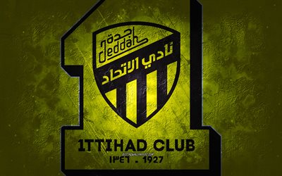 Al-Ittihad Club, squadra di calcio dell&#39;Arabia Saudita, sfondo giallo, logo Al-Ittihad Club, grunge, Saudi Pro League, Jeddah, calcio, Arabia Saudita, emblema Al-Ittihad Club