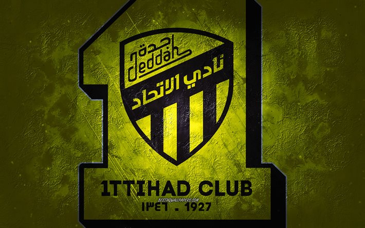 Al-Ittihad Club, &#233;quipe de football d&#39;Arabie saoudite, fond jaune, logo Al-Ittihad Club, art grunge, Saudi Pro League, Djeddah, football, Arabie saoudite, embl&#232;me du club Al-Ittihad
