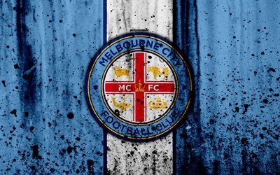 4k, FC Melbourne City, grunge, A-League, soccer, football club, Australia, Melbourne City, logo, stone texture, Melbourne City FC