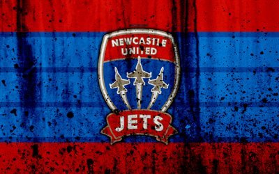4k, FC-Newcastle Jets, grunge, A-League, fotboll, football club, Australien, Newcastle Jets, logotyp, sten struktur, Newcastle Jets FC