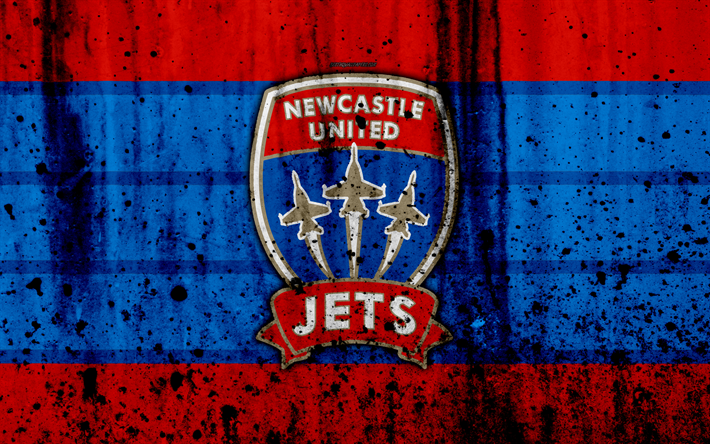 4k, FC Newcastle Jets, grunge, Lig, futbol, futbol kul&#252;b&#252;, Avustralya, Newcastle Jet, logo, taş doku, Newcastle Jets FC