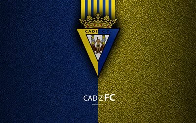FC Cadiz, 4K, Spanish Football Club, leather texture, Cadiz logo, LaLiga2, Segunda Division, Cadiz, Spain, Second Division, football