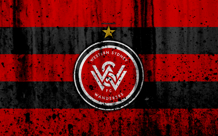 4k, FC Western Sydney Wanderers, grunge, A-League, soccer, football club, Australia, WS Wanderers, logo, stone texture, Western Sydney Wanderers FC