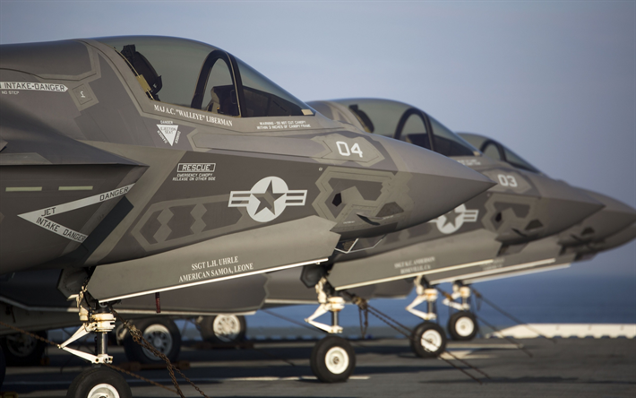 Lockheed Martin F-35, aircraft carrier, bomber fighter, American aircraft, USA Air Force, F-35, USA, military aircraft