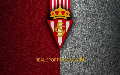 Real Sporting Gijon FC, 4K, Spanish Football Club, leather texture, Gijon logo, LaLiga2, Segunda Division, Gijon, Spain, Second Division, football
