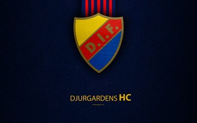 Djurgardens IF, 4k, Swedish hockey club, SHL, leather texture, logo, Swedish Hockey League, Djurg&#229;rden, Stockholm, Sweden, hockey, Elitserien