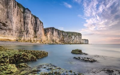 Normandie, Engelska Kanalen, kusten, stenar, kv&#228;ll, sunset, Frankrike