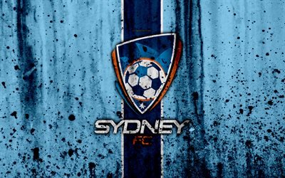 4k, FC Sydney, grunge, A-League, soccer, football club, Australia, Sydney, logo, stone texture, Sydney FC