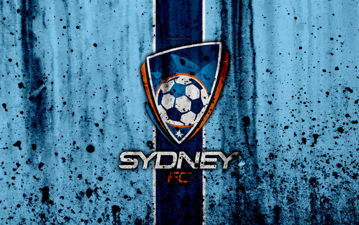4k, FC Sydney, grunge, Lig, futbol, futbol kul&#252;b&#252;, Avustralya, Sydney, logo, taş doku, Sydney FC