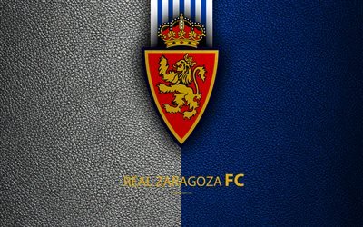 FC Real Zaragoza, 4K, Spanish Football Club, leather texture, logo, LaLiga2, Segunda Division, Zaragoza, Spain, Second Division, football