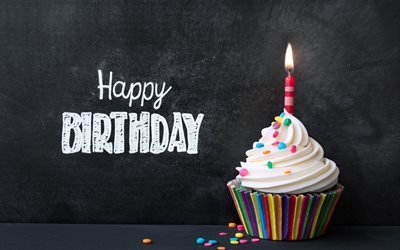 Buon Compleanno, cupcake, candela, 1 anno di et&#224;, torta di Compleanno, concetti