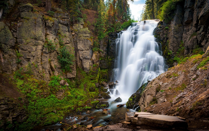 mountain waterfall, river, rocks, forest, stones, beautiful waterfall