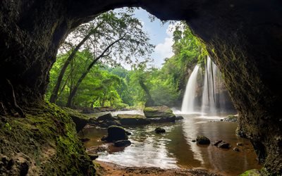 mountains, cave, lake, waterfall, forest, mountain landscape