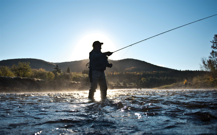 Balık tutma, 4k, dağ nehir, alabalık balık&#231;ılık, balık&#231;ı kavramlar, balık&#231;ı, olta takımı, Kanada