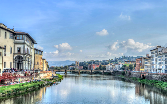 R&#237;o Arno, 4k, HDR, Florencia, puente, en la Toscana, Italia, Europa