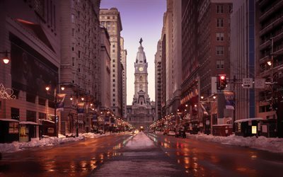 Filadelfia, el Ayuntamiento de la Ciudad, calles, invierno, noche, rascacielos, Pennsylvania, estados UNIDOS, Estados unidos de Am&#233;rica